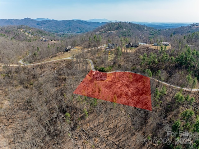 drone / aerial view featuring a forest view and a mountain view