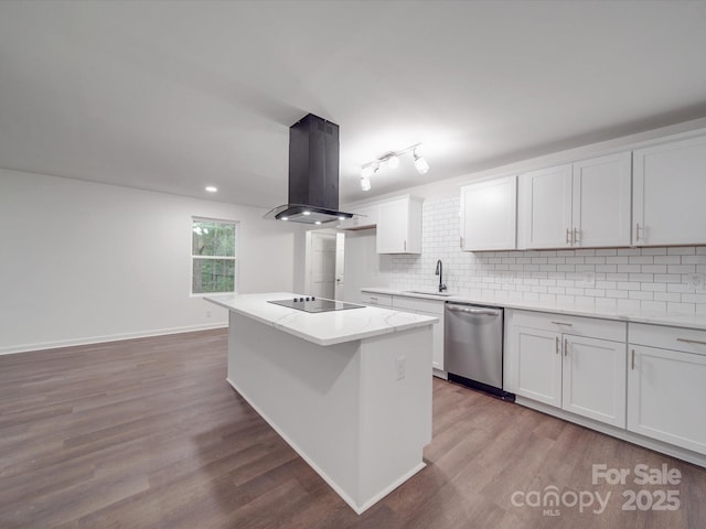 kitchen featuring decorative backsplash, black electric cooktop, a center island, island range hood, and stainless steel dishwasher