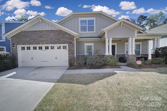 1718 Still River Way, Fort Mill, SC 29708 - craftsman-style house featuring board and batten siding, a garage, stone siding, a front lawn, and concrete driveway