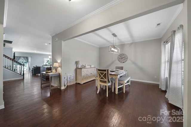 1718 Still River Way, Fort Mill, SC 29708 - dining room featuring visible vents, baseboards, dark wood-style flooring, crown molding, and stairway