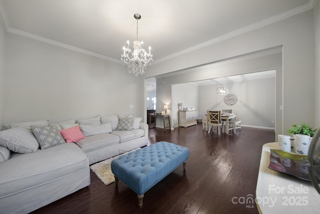 1718 Still River Way, Fort Mill, SC 29708 - living room with dark wood-type flooring, a notable chandelier, ornamental molding, and baseboards