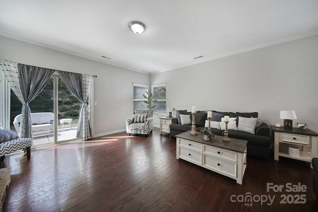 1718 Still River Way, Fort Mill, SC 29708 - living area featuring wood-type flooring, visible vents, baseboards, and crown molding