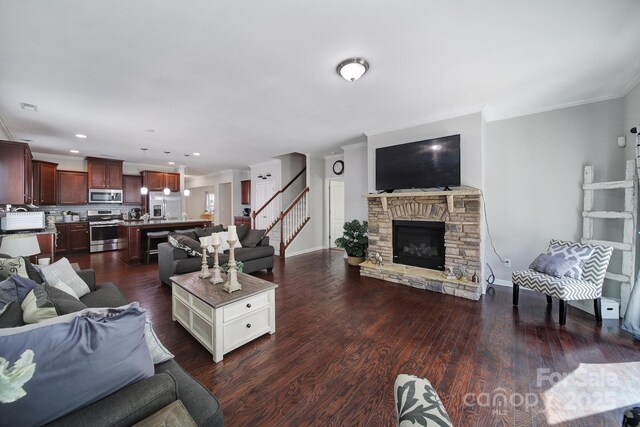 1718 Still River Way, Fort Mill, SC 29708 - living area featuring crown molding, visible vents, stairs, baseboards, and dark wood-style floors