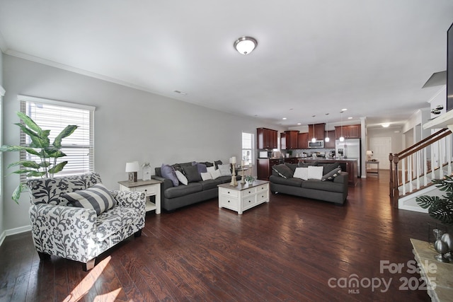1718 Still River Way, Fort Mill, SC 29708 - living area featuring stairway, dark wood-style floors, and crown molding
