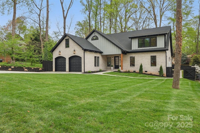 view of front of property with board and batten siding, brick siding, crawl space, and a front lawn
