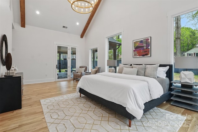 bedroom featuring high vaulted ceiling, beam ceiling, access to exterior, and visible vents