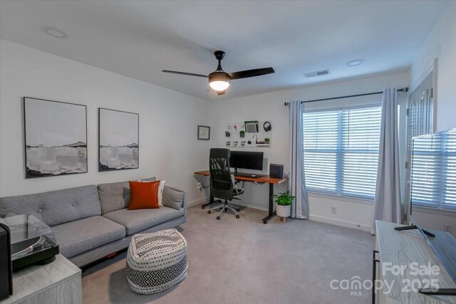 17143 Red Feather Dr, Charlotte, NC 28277 - home office featuring baseboards, carpet floors, visible vents, and a ceiling fan