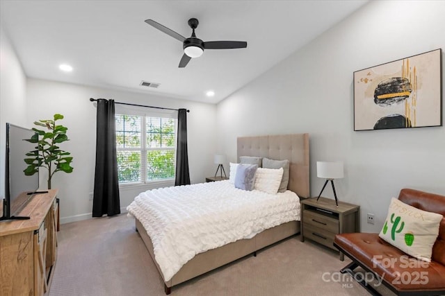 17143 Red Feather Dr, Charlotte, NC 28277 - bedroom with visible vents, ceiling fan, recessed lighting, light carpet, and lofted ceiling