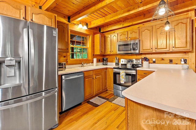 kitchen featuring light countertops, wooden ceiling, beam ceiling, a sink, and appliances with stainless steel finishes