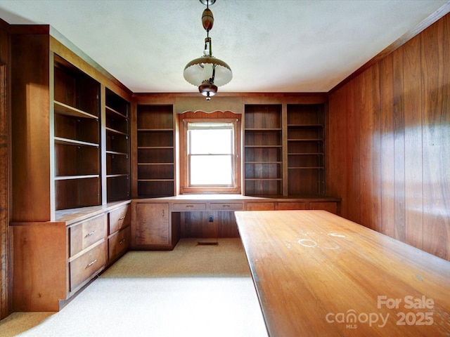167 Cedar Ln, Troutman, NC 28166 - unfurnished office with built in desk, wood walls, and light carpet