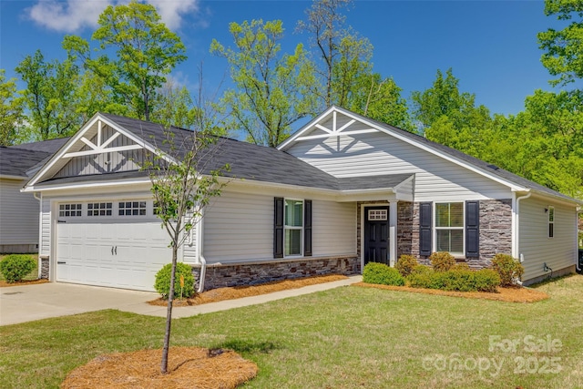 craftsman inspired home featuring a front yard, stone siding, a garage, and concrete driveway