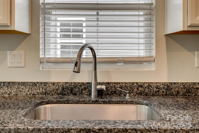 details with dark stone counters and a sink