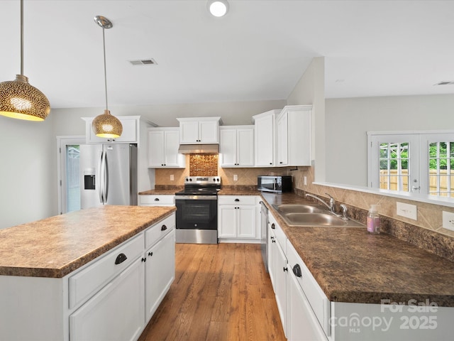 113 Devynn Ridge Ct, Mount Holly, NC 28120 - kitchen featuring a sink, appliances with stainless steel finishes, under cabinet range hood, light wood-type flooring, and backsplash