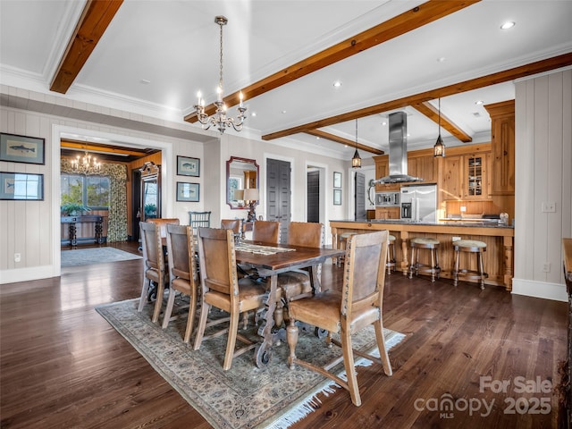 dining area featuring an inviting chandelier, dark wood-style floors, beam ceiling, and crown molding