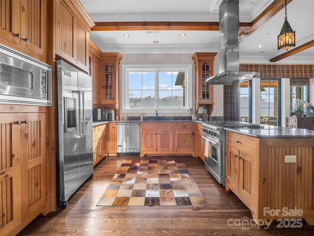 kitchen featuring high end appliances, a peninsula, plenty of natural light, and island range hood