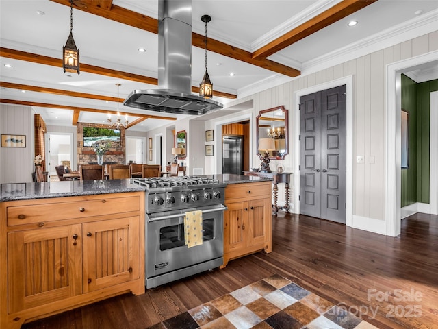 kitchen featuring island exhaust hood, premium stove, beam ceiling, and an inviting chandelier