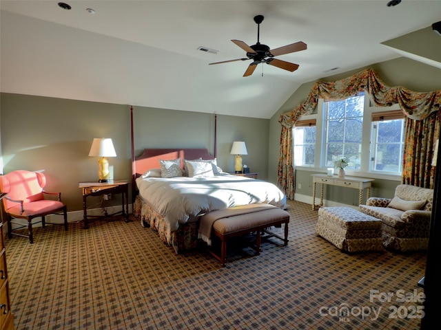 bedroom featuring a ceiling fan, lofted ceiling, baseboards, visible vents, and carpet