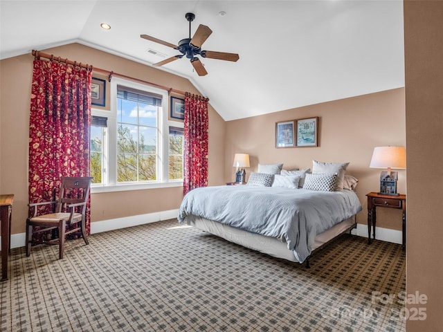 carpeted bedroom with vaulted ceiling, recessed lighting, baseboards, visible vents, and a ceiling fan