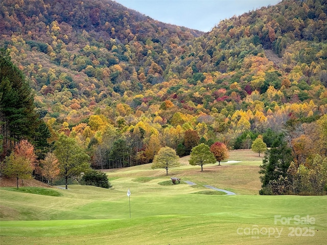 view of property's community with golf course view, a mountain view, a view of trees, and a yard