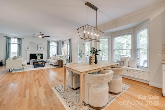 dining space featuring crown molding, a healthy amount of sunlight, and light wood-style flooring