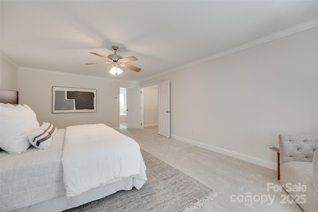 bedroom with crown molding, baseboards, ceiling fan, and light colored carpet