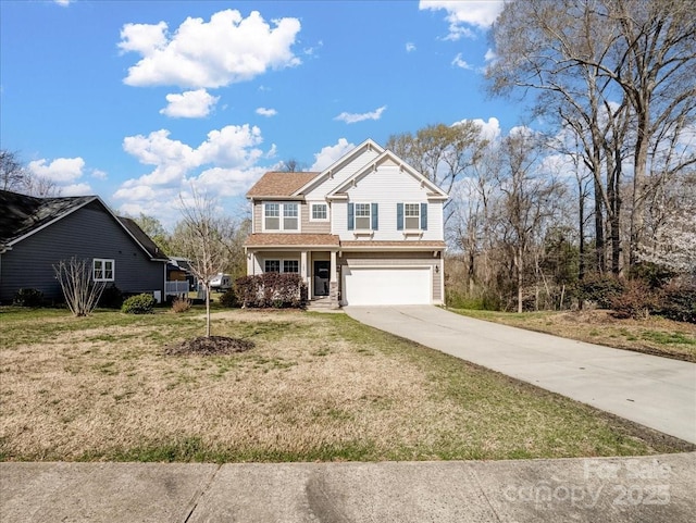 traditional-style house with a garage, a front lawn, and concrete driveway