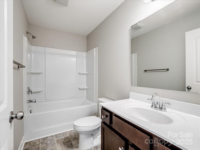 full bathroom featuring toilet, vanity, shower / bathing tub combination, and visible vents