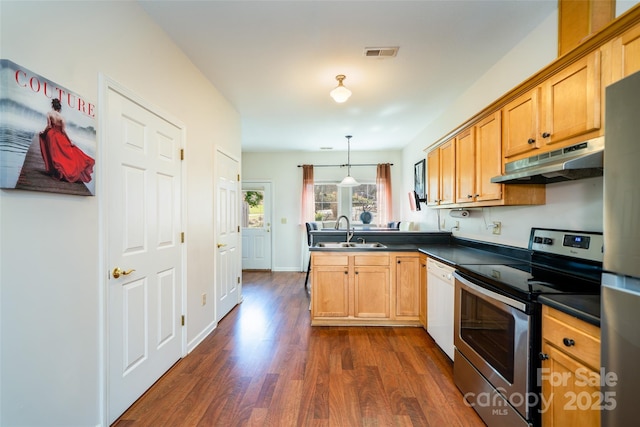 kitchen with a sink, appliances with stainless steel finishes, a peninsula, under cabinet range hood, and visible vents