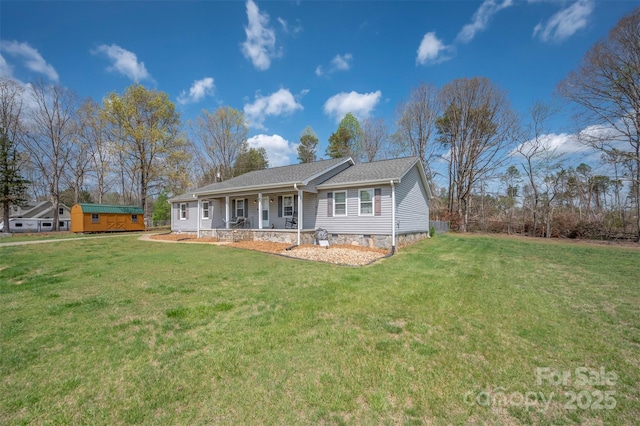 266 Asheland Dr, Ellenboro, NC 28040 - single story home with a porch, an outdoor structure, a shed, and a front lawn