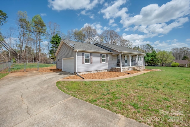 266 Asheland Dr, Ellenboro, NC 28040 - ranch-style house featuring concrete driveway, a front lawn, a porch, a garage, and fence