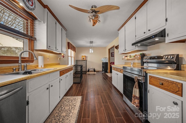 266 Asheland Dr, Ellenboro, NC 28040 - kitchen with a sink, a ceiling fan, wood tiled floor, under cabinet range hood, and stainless steel appliances