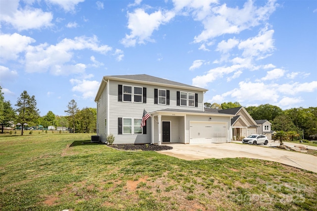 traditional home featuring a front yard, driveway, and central AC