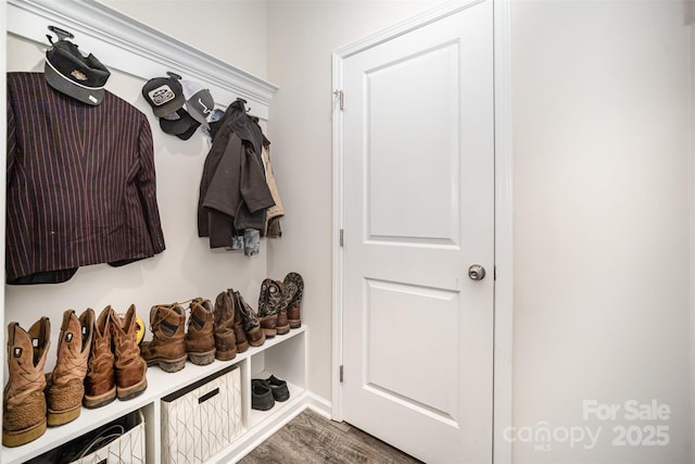 mudroom featuring baseboards and wood finished floors