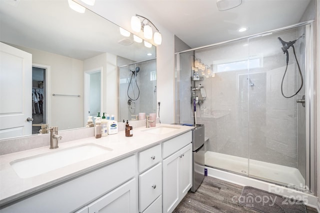 bathroom with a sink, double vanity, and a stall shower
