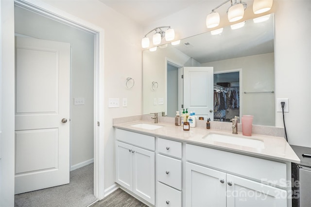 bathroom with a walk in closet, double vanity, baseboards, and a sink