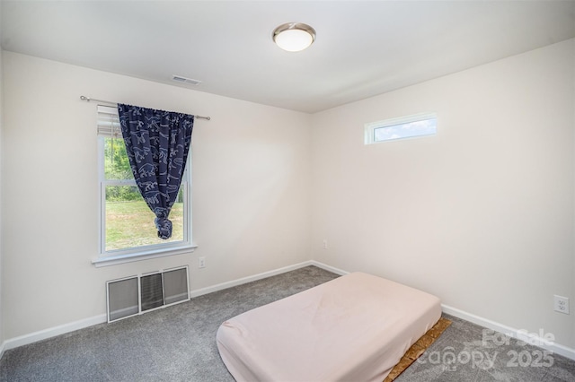 carpeted bedroom with baseboards, multiple windows, and visible vents
