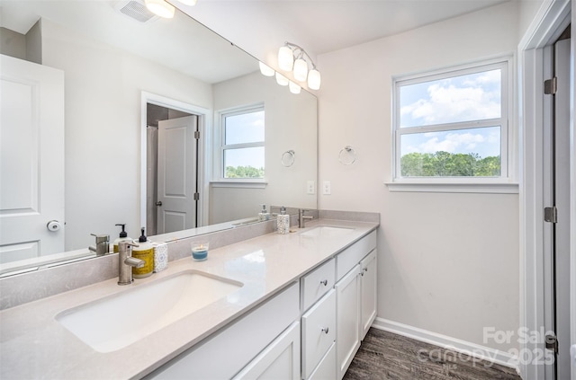 full bathroom featuring a sink, visible vents, double vanity, and plenty of natural light