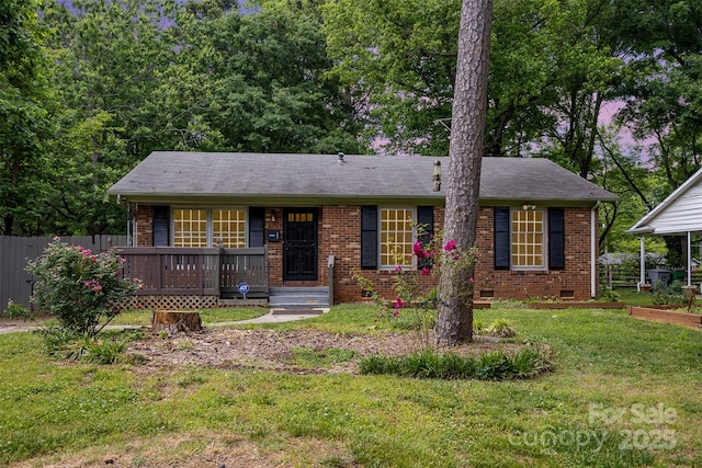 single story home with a porch, brick siding, and crawl space