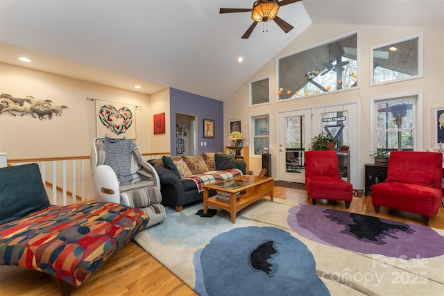 27 Hunting Lodge Dr, Black Mountain, NC 28711 - living area with high vaulted ceiling, a ceiling fan, recessed lighting, and wood finished floors