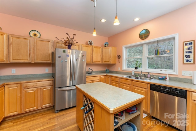 27 Hunting Lodge Dr, Black Mountain, NC 28711 - kitchen featuring open shelves, a sink, stainless steel appliances, decorative light fixtures, and light wood-type flooring