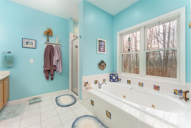 27 Hunting Lodge Dr, Black Mountain, NC 28711 - bathroom featuring a whirlpool tub, baseboards, vanity, and a shower stall