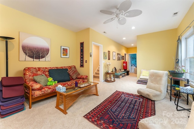 27 Hunting Lodge Dr, Black Mountain, NC 28711 - carpeted living room with stairs, a ceiling fan, visible vents, and recessed lighting