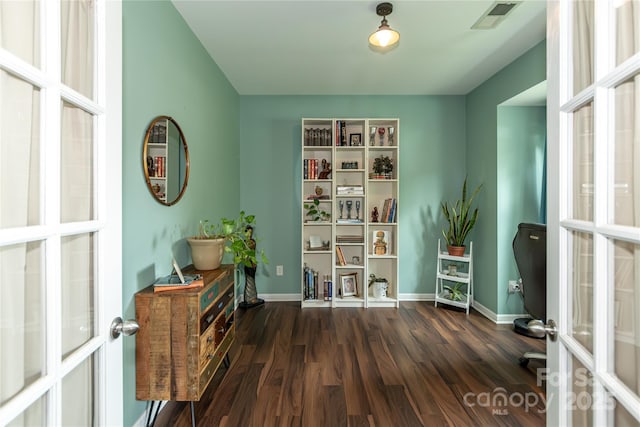 4924 Riverdale Dr, Charlotte, NC 28273 - living area with dark wood finished floors, visible vents, baseboards, and french doors