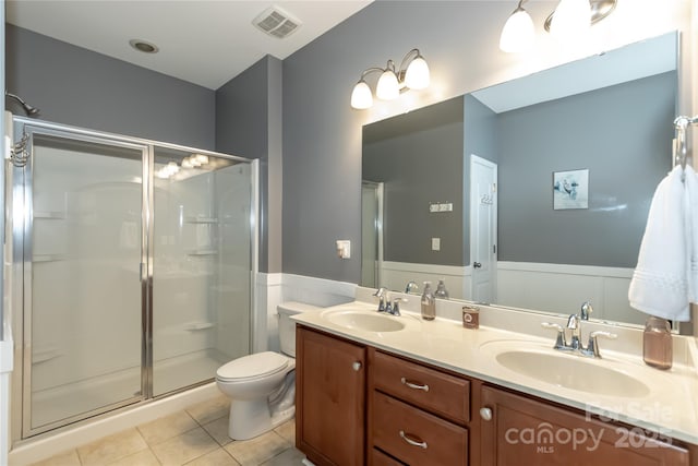 4924 Riverdale Dr, Charlotte, NC 28273 - bathroom with wainscoting, a shower stall, tile patterned flooring, and a sink