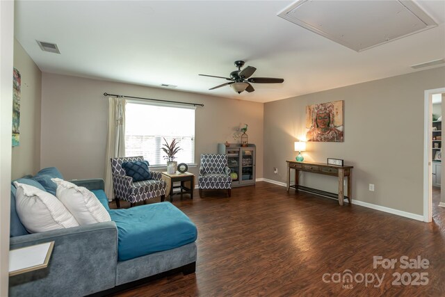 4924 Riverdale Dr, Charlotte, NC 28273 - living area featuring attic access, wood finished floors, visible vents, and a ceiling fan