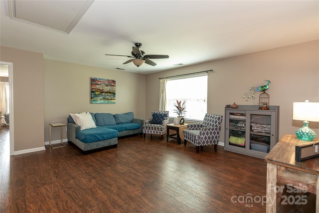 4924 Riverdale Dr, Charlotte, NC 28273 - living room featuring wood finished floors, visible vents, a ceiling fan, and baseboards