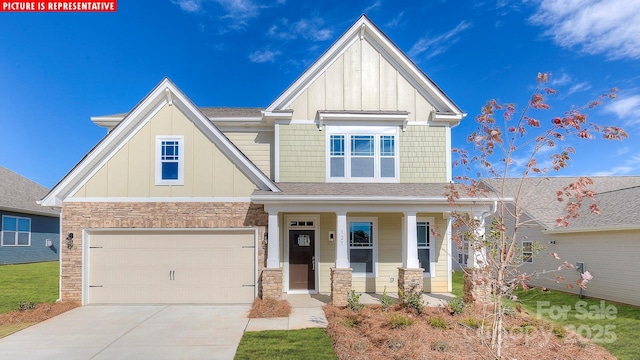 152 Ventor Way, Mooresville, NC 28115 - craftsman inspired home featuring a porch, an attached garage, stone siding, concrete driveway, and board and batten siding