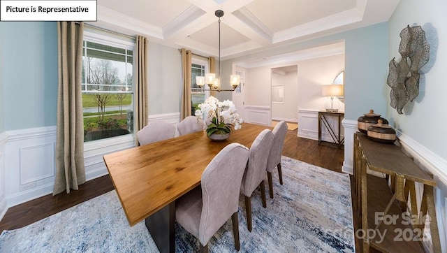 152 Ventor Way, Mooresville, NC 28115 - dining space with an inviting chandelier, coffered ceiling, beam ceiling, dark wood-type flooring, and wainscoting