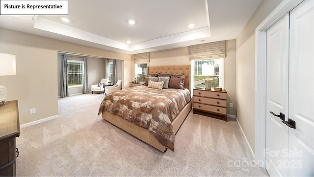 152 Ventor Way, Mooresville, NC 28115 - bedroom with a tray ceiling, carpet floors, baseboards, and recessed lighting