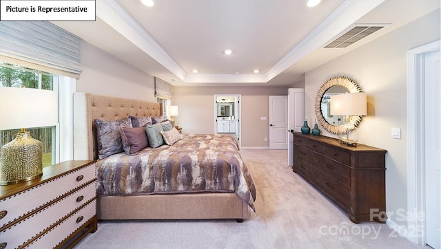 152 Ventor Way, Mooresville, NC 28115 - bedroom with a tray ceiling, recessed lighting, baseboards, visible vents, and light carpet
